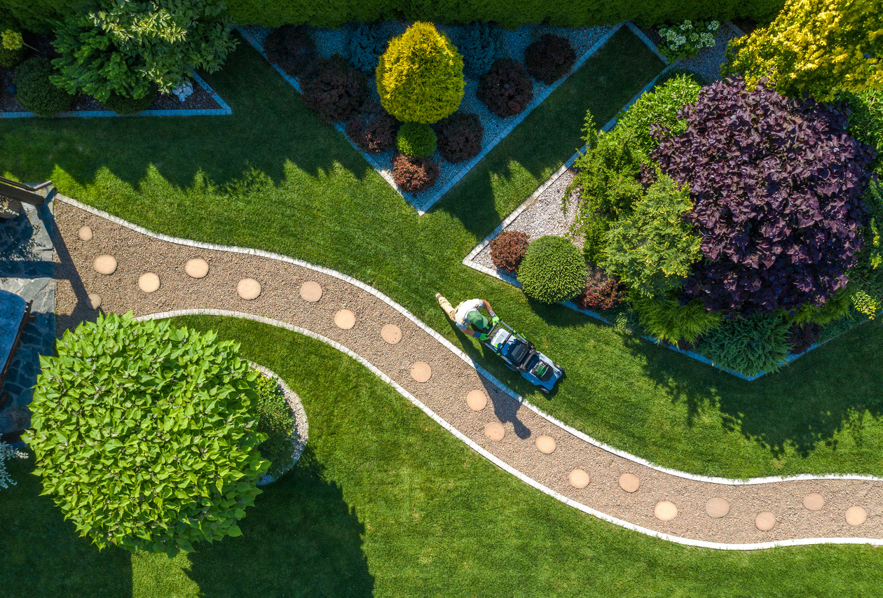 Gardener with Grass Mower Trimming Backyard Lawn